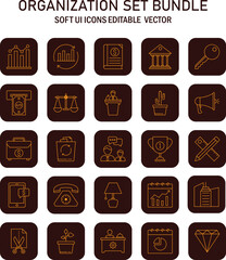 Diverse collection of minimalistic vector icons depicting organization and usability aspects across various fields