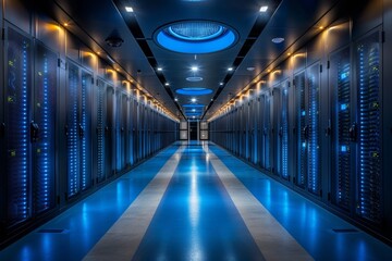 Showcasing a data center aisle with server cabinets, blinking leds, and advanced digital overlays