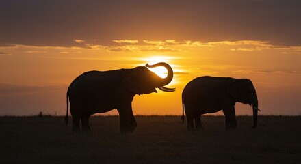 Naklejka premium Silhouetted Elephants Walking in Grassland During Sunset with Warm Colors and Dramatic Sky