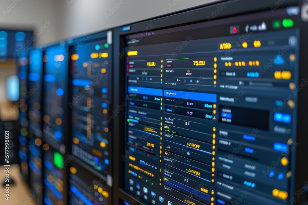 Poster illuminated data center aisle showcasing server cabinets with led indicators and digital interfaces