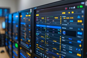 Illuminated data center aisle showcasing server cabinets with led indicators and digital interfaces