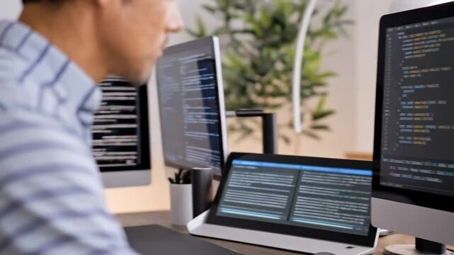 Programmer working on multiple screens with code visible for web development