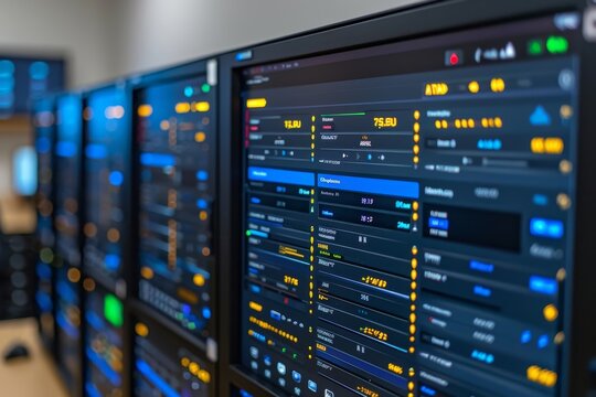 Illuminated data center aisle showcasing server cabinets with led indicators and digital interfaces - Powered by Adobe