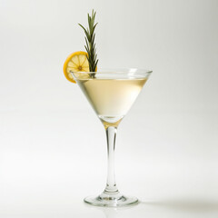 A sophisticated martini cocktail served in a classic V-shaped glass, garnished with a lemon slice and a sprig of rosemary. The clear, golden-yellow drink is set against a minimal, light background.