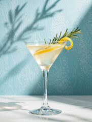 Minimalist martini setup with citrus and herb garnish, highlighted by strong sunlight and soft tropical shadows on a textured blue surface, evoking a summer vibe