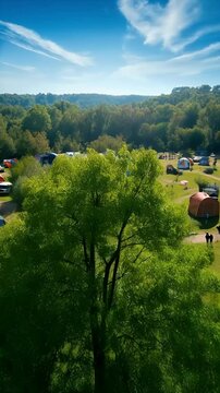Summer Camping Scene with Colorful Tents and Green Forest
