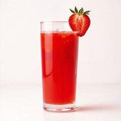 A tall glass of fresh strawberry juice with ice, garnished with a halved strawberry on the rim, set against a clean white background. Refreshing summer drink concept, perfect for themes of health, wel