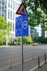 Bicycles path attention traffic signs on street