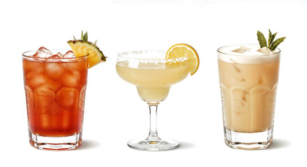 Bahama Mama with a tropical flair, Margarita with a salted rim and citrus twist, and a creamy Batida cocktail. Vibrant mixed drinks in colorful glassware on white background.