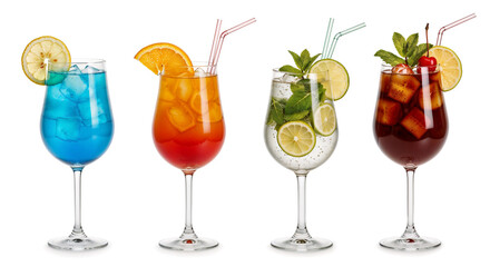 Blue Lagoon, Tequila Sunrise, Mojito, Mai Tai. Vibrant mixed drinks in colorful glassware with Ice cubes displayed isolated white background.