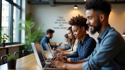 Diverse team works on laptops with office.