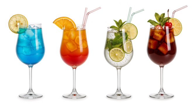 Blue Lagoon, Tequila Sunrise, Mojito, Mai Tai. Vibrant mixed drinks in colorful glassware with Ice cubes displayed isolated white background.