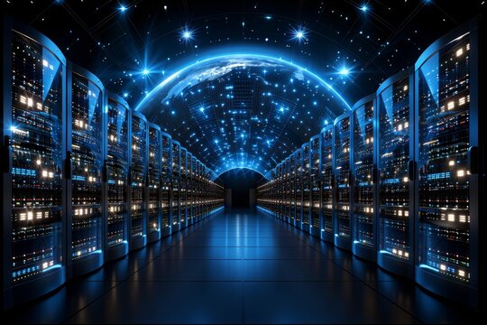 Dynamic data center aisle showcasing server cabinets with led indicators and digital enhancements