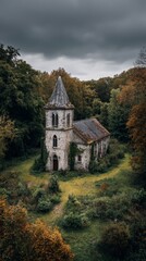 Abandoned stone church amidst autumn forest under cloudy sky