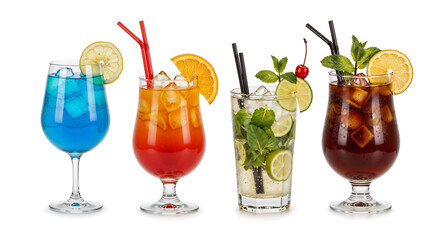 Blue Lagoon, Tequila Sunrise, Mojito, Mai Tai. Vibrant mixed drinks in colorful glassware with Ice cubes displayed isolated white background.