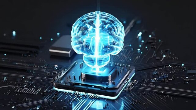 3D animation of an AI brain on a motherboard with wires, power source, and semiconductor. Enhanced lighting showcases processor operation in empty space, symbolizing artificial intelligence. 