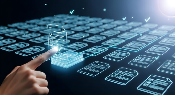Futuristic Secure Database Technology, Human finger interacting with glowing Transparent digital data checklist documents on a futuristic interface