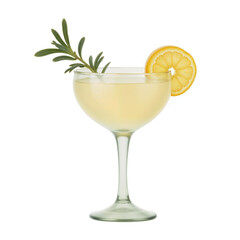 A delicate cocktail served in a coupe glass, garnished with a lemon slice and rosemary sprig.