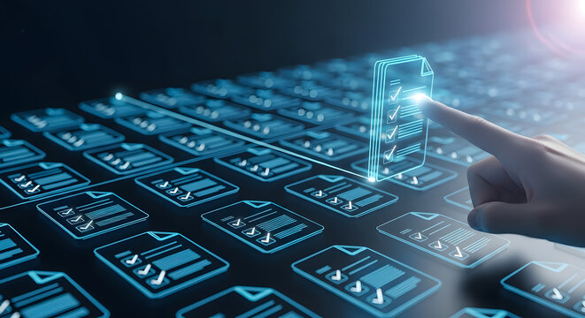 Futuristic Secure Database Technology, Human finger interacting with glowing Transparent digital data checklist documents on a futuristic interface