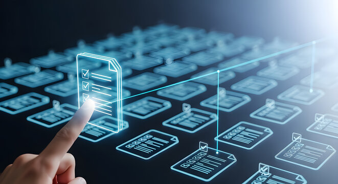 Futuristic Secure Database Technology, Human finger interacting with glowing Transparent digital data checklist documents on a futuristic interface - Powered by Adobe