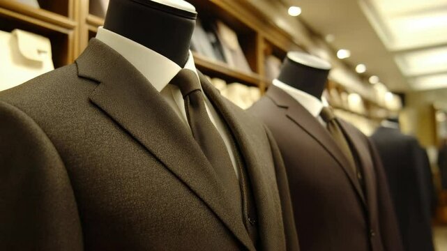 Close-up of dark formal suits with ties on mannequins in a boutique, realistic style, blurred store background, concept of men's fashion