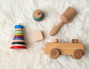 Wooden Toys Collection on Fluffy Woolen White Background Children's Education