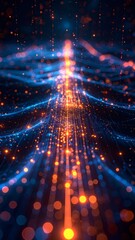 Abstract Data Stream with Blue and Orange Glowing Particles Background