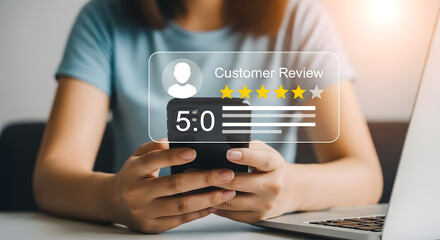 Customer Revier, Online Customer giving rating positive five star review on smartphone, warm lighting, online feedback concept.