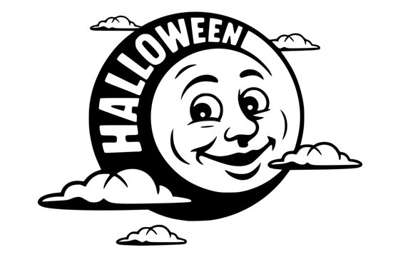 Hand drawn vector illustration of a cartoon moon with Halloween text surrounded by clouds for a spooky or funny holiday celebration