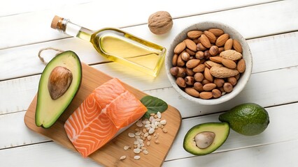 Healthy Fats: Salmon, Avocado, Nuts, and Oil on White Wood Background