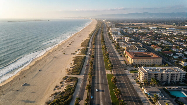 Aerial view of a coastal city with a beach, road, buildings and mountains in the background on a sunny day created with generated ai