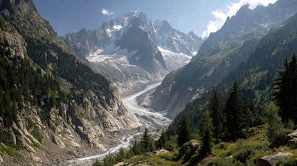 Obraz premium Mountain valley with glacier and forest