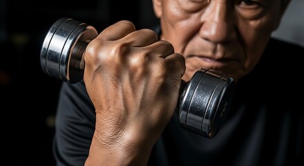 Close-up of Senior Man's Hand Gripping Metal Dumbbell, Dark Moody Fitness Image, Strength and Determination.