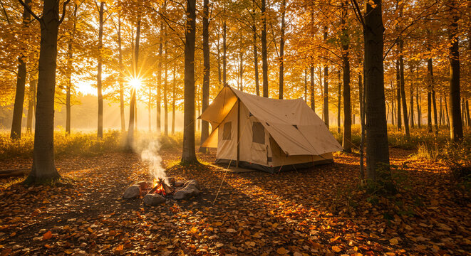Cozy camping tent with campfire in autumn forest at sunset   - Powered by Adobe