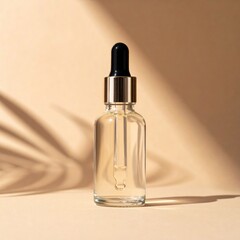 Glass Serum Bottle with Dropper and Natural Shadow on Beige Background