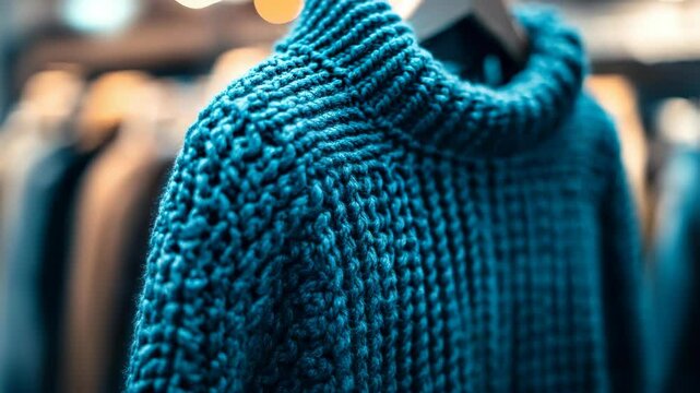 Close-up of a blue woolen sweater with thick knit texture, photographed in soft focus in a clothing store, concept of winter fashion and comfort