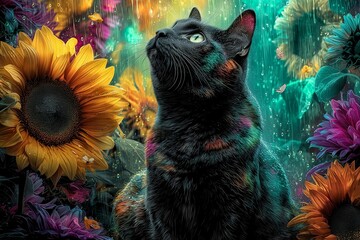 Enchanted Cat Amid Vibrant Flowers and Mystical Raindrops in a Fantasy Garden