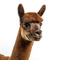 Obraz premium Curious brown alpaca portrait with alert ears and gentle expression against clean white background, perfect for wildlife education or farm animal advertising