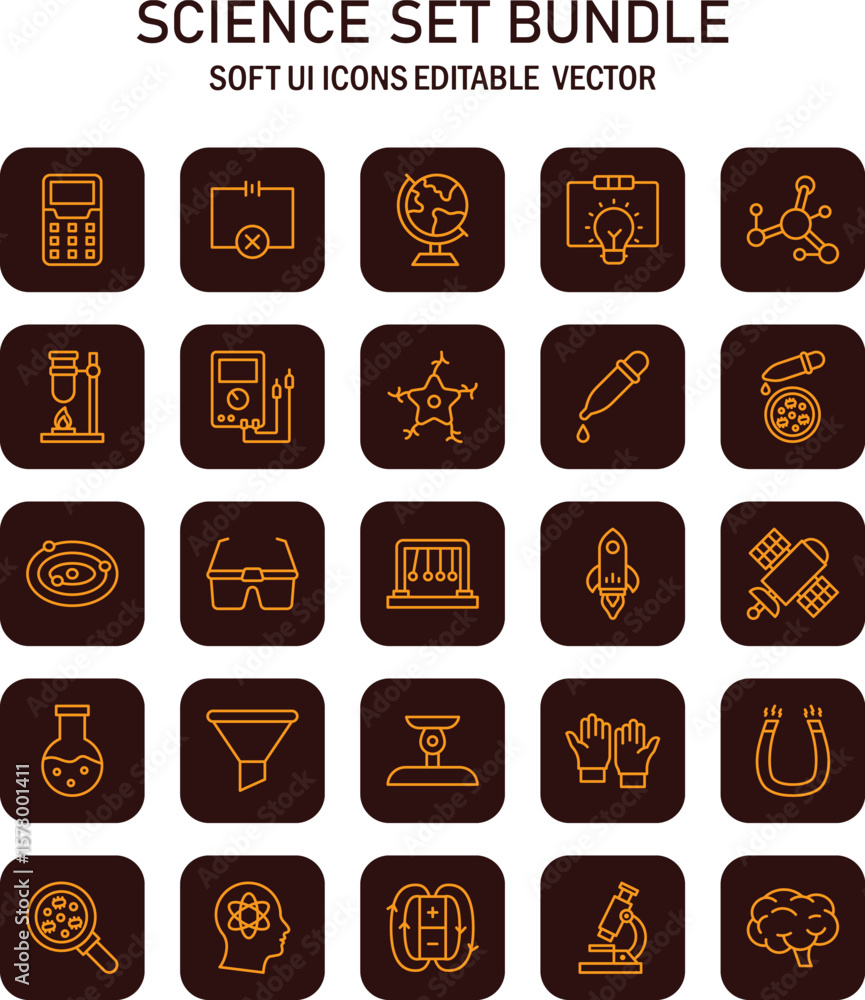 Poster detailed icons depicting various scientific instruments and concepts for educational use and design 