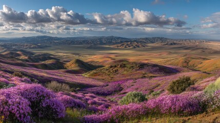 Naklejka premium Colorful hills blanketed in vibrant purple wildflowers under a dramatic sky