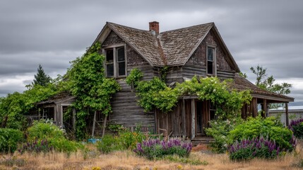 Fototapeta premium Weathered house overgrown with vines