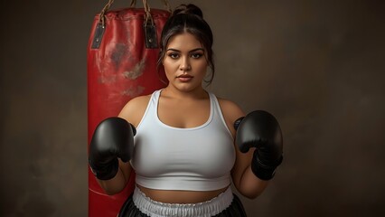 Confident Plus-Size Female Boxer in Boxing Gloves, Studio Portrait, Powerful and Determined Mood.