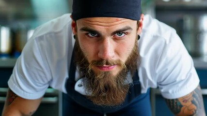 Culinary Focus: A concentrated chef with a full beard and resolute gaze prepares a culinary experience, exuding confidence and dedication in a modern, professional kitchen.