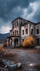 Obraz premium Abandoned stone mansion under stormy sky in autumn landscape