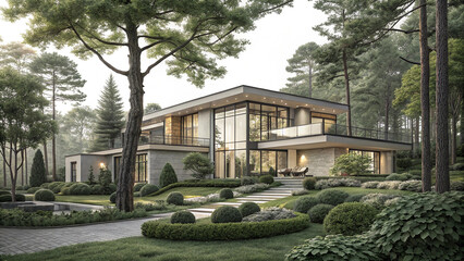 Modern house with large windows and a balcony surrounded by trees and landscaped greenery created with generated ai