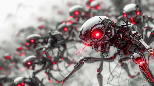 abstract botnet swarm as mechanical locusts devouring data streams metallic gray and red on swarm .