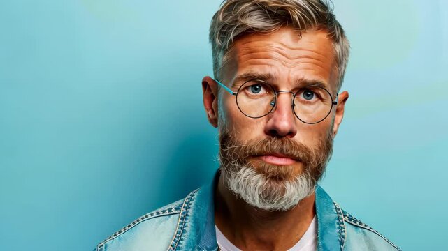 Introspective Elegance: A close-up portrait of a distinguished man, with a carefully groomed beard, stylish glasses, and thoughtful eyes, captured against a clean backdrop.