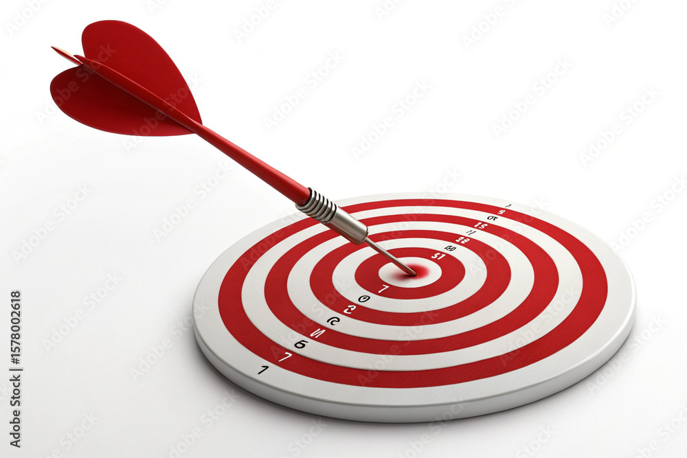 Poster a red dart perfectly hitting the center of a white and red circular target on a white background cre