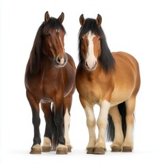 Obraz premium Majestic pair of bay horses standing side by side against white background, one with darker coat and one with lighter coat and white blaze, equestrian photography with free copy space