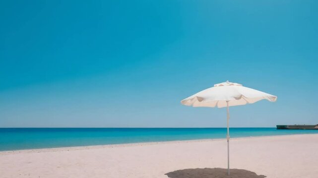Sunny Day At Peaceful Tropical Beach With White Umbrella On Sandy Shore And Clear Blue Sky Over Calm Ocean Horizon

